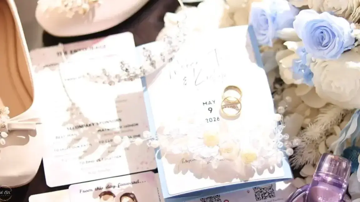 Wedding rings resting on the invitation among pale blue roses